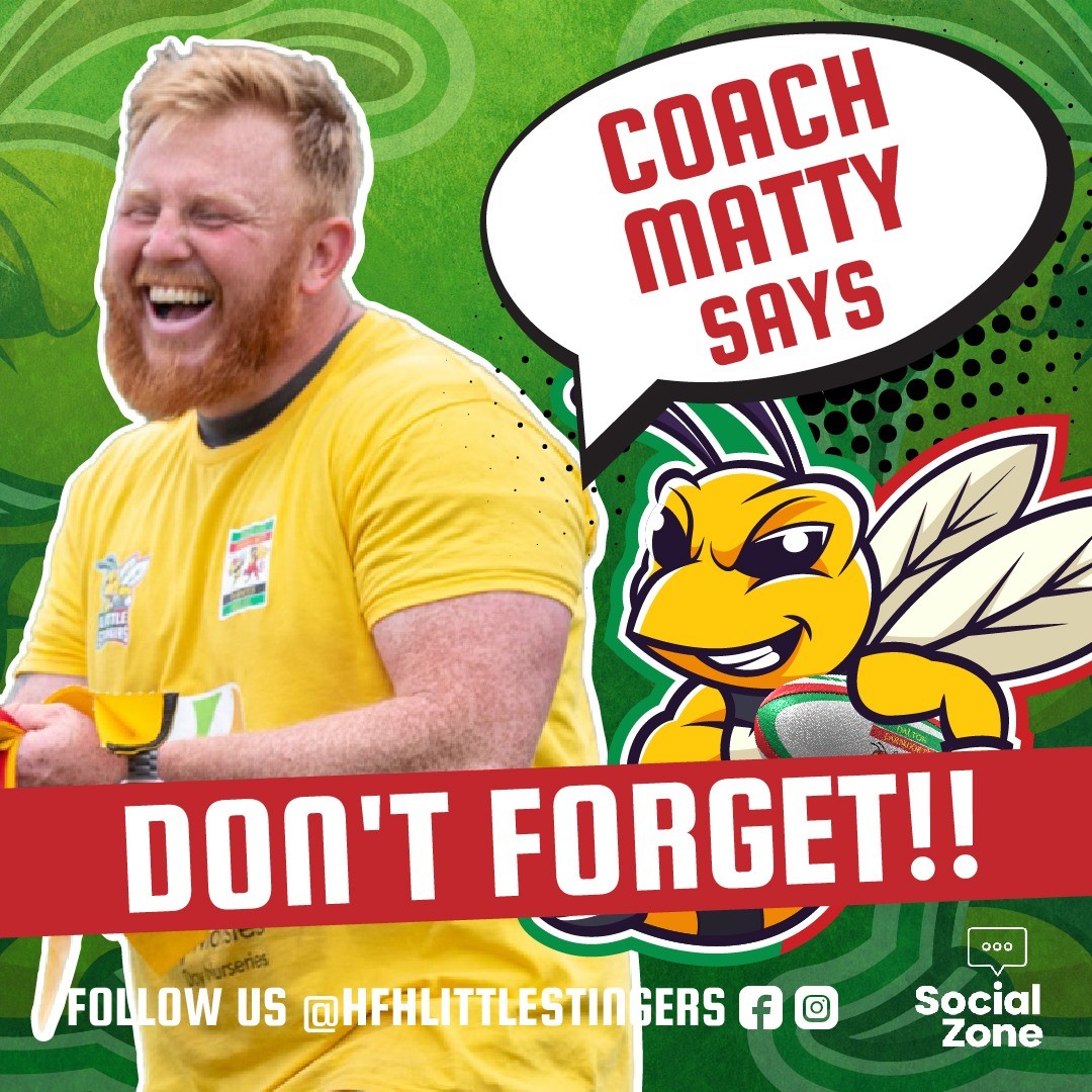 Coach Matty has asked us to remind everyone - This week training is on Sunday 11am-12noon and NOT Saturday! Don't forget!!

#LittleStingers #haltonfarnworthhornets #oneclub #OneVision #dontforget