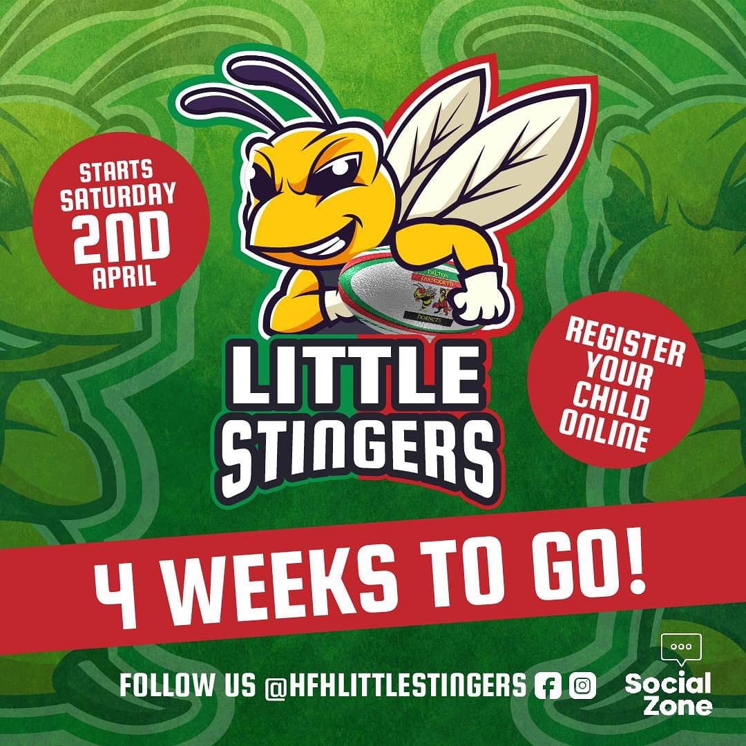 🚨 Only 4 weeks to go!
💪 Bigger and Better for 2022
📆 Make a date in your diary - Saturday 2nd April at 9.45am
🙋‍♂️ Is your child between the ages of 3-6?
🐝 Then become a Little Stingers! It's our goal to offer all children of mixed ability a place to come and have fun while exercising and learning rugby skills. 
￼
🐝 We don't want to exclude any child and all our sessions are FREE.
Our Little Stingers training sessions are every Saturday from 9.45am and we're based at Wilmere Lane, home of Halton Farnworth Hornets!

Our Little Stingers registration is now live!
It only takes a couple of minutes👍🏻
Every child will have to be registered before attending sessions.

https://haltonfarnworthhornets.co.uk/little-stingers-registration-form

Follow, like, Share our pages!
￼￼https://m.facebook.com/HFHLittleStingers/
https://www.instagram.com/hfh_little_stingers/

#littlestingers #wereback #haltonfarnworthhornets #oneclub #OneVision