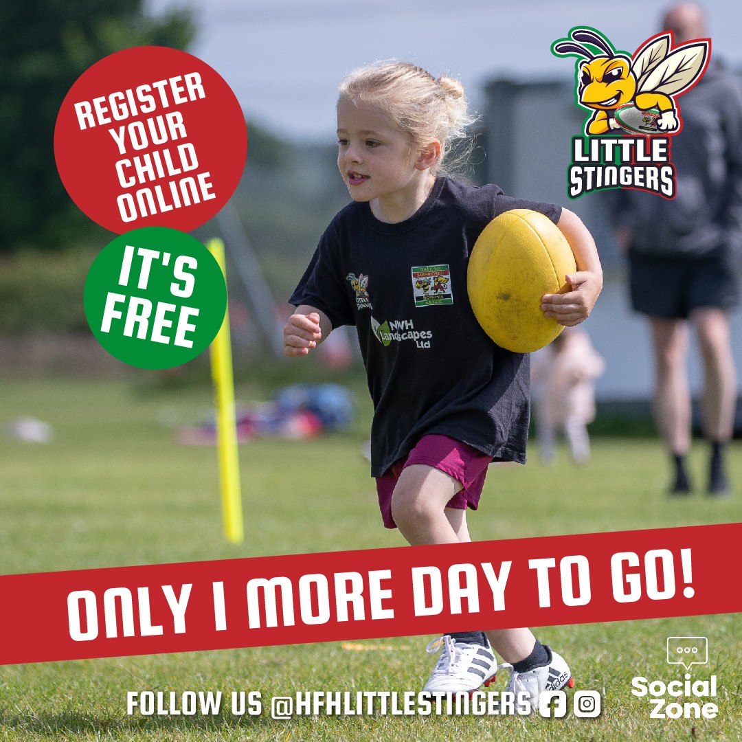 🚨Only 1 more day to go!🚨

The weather forecast looks amazing 🌞 and we're all ready to go for another fun Little Stingers session in the morning! 🏉🐝

🙋‍♂️ Is your child between the ages of 3-6?
🐝 Then become a Little Stingers! It's our goal to offer all children of mixed ability a place to come and have fun while exercising and learning rugby skills. 
￼
🐝 We don't want to exclude any child and all our sessions are FREE.
Our Little Stingers training sessions are every Saturday from 9.45am and we're based at Wilmere Lane, home of Halton Farnworth Hornets!

Our Little Stingers registration is now live!
It only takes a couple of minutes👍🏻
Every child will have to be registered before attending sessions.

https://haltonfarnworthhornets.co.uk/jun.../little-stingers/

Little Stingers are proudly sponsored by
NWH Landscapes ltd 
www.meconltd.com
Warrington Mortgage Centre 

Follow, like, Share our pages!
￼￼https://m.facebook.com/HFHLittleStingers/
https://www.instagram.com/hfh_little_stingers/
#littlestingers #haltonfarnworthhornets #oneclub #OneVision