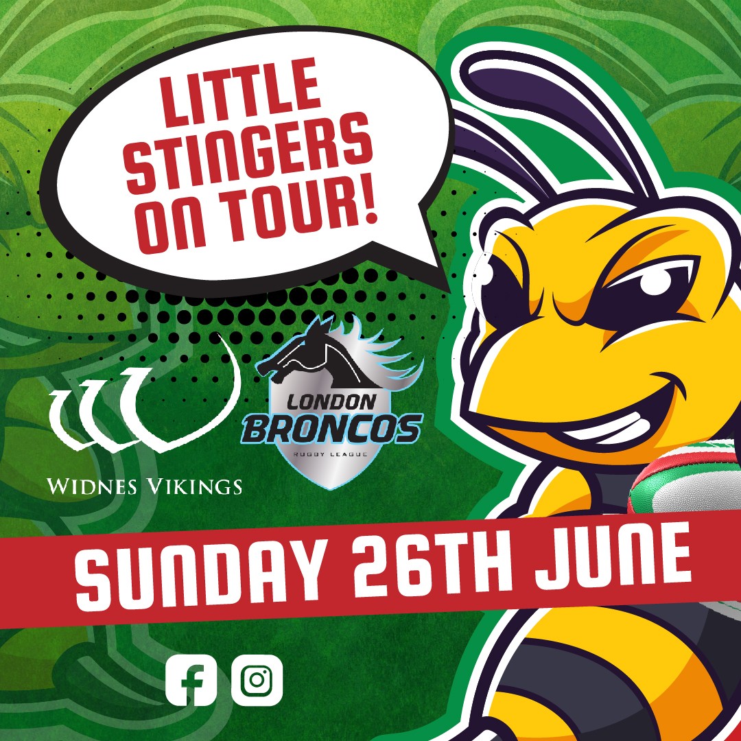 🚨Little Stingers On Tour🚨

Due to the success of our Little Stingers the Widnes Vikings have invited us to be involved in their upcoming Match on Sunday the 26th June vs London Broncos.

They have asked if we'd like to do our session on the pitch before the Vikings play, escort players out at the start of the game, flag bear as well as recieving a certificate and doing a lap of honour at half time.

We'd be meeting at the Stadium 12:30pm, our Little stingers session would start at 1pm until 2:15pm with the pre match (player escorts, flag bearers) starting at 2:45 before the Vikings game starts.

We think it will be a great excuse to showcase our Little Stingers to the wider rugby community ⭐⭐⭐

All our Little Stingers will get in free of charge.

The Vikings have done us a deal and it will cost adults £10 (usually £20) under 5's free of charge.

If you'd like to be involved please reply with your childs name and we'll add them to the list thank you🖤❤️💚🐝🏉